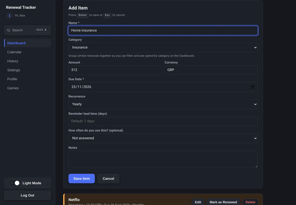 The Add Item form in dark mode.