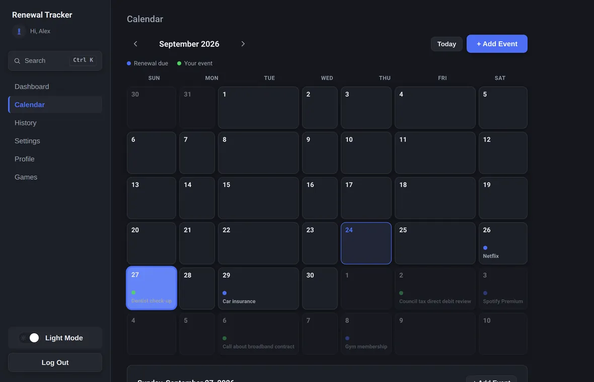 Calendar in dark mode.