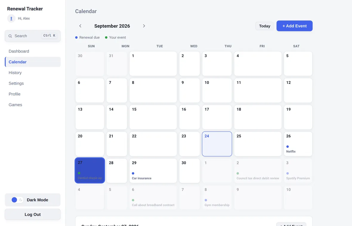 Month calendar with dots for renewals and events, and the selected day's details below.