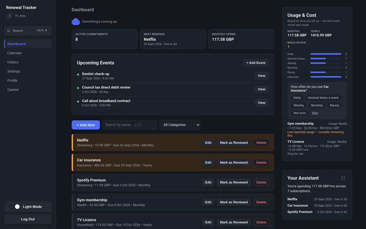 The Renewal Tracker dashboard in dark mode, showing tracked items, monthly spend and upcoming events.