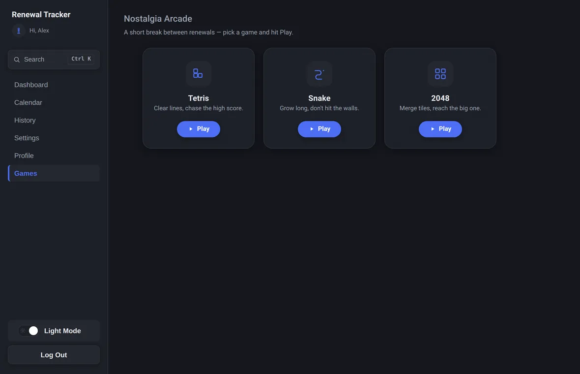 The Nostalgia Arcade in dark mode.